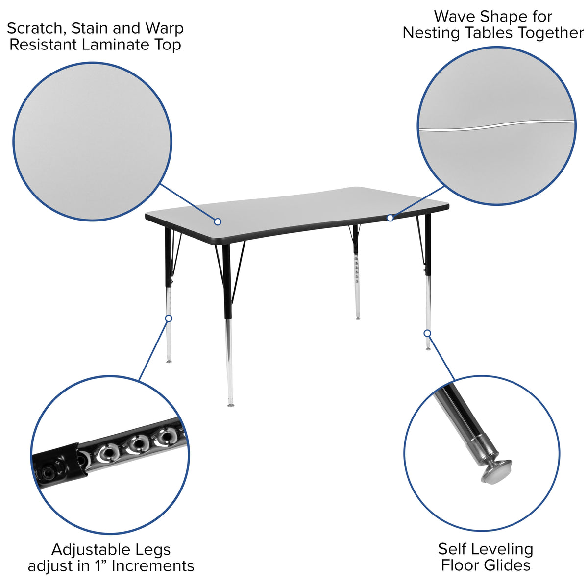 Grey |#| 3 Piece 76inch Oval Wave Flexible Grey Adjustable Activity Table Set