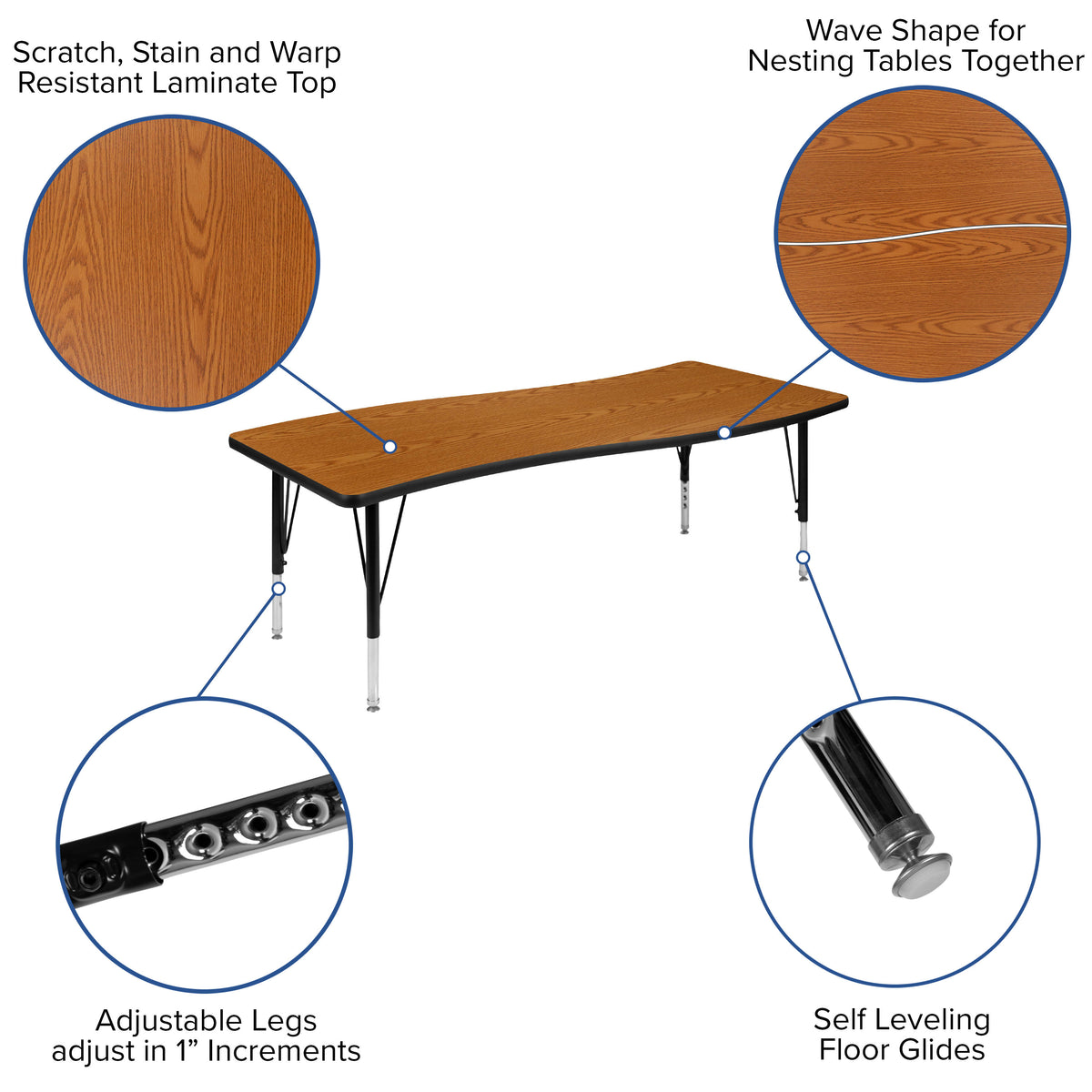 Oak |#| 3 Piece 86inch Oval Wave Flexible Oak Kids Adjustable Activity Table Set