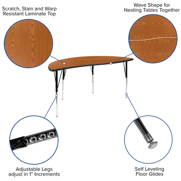 Oak |#| 3 Piece 86inch Oval Wave Flexible Oak Adjustable Activity Table Set