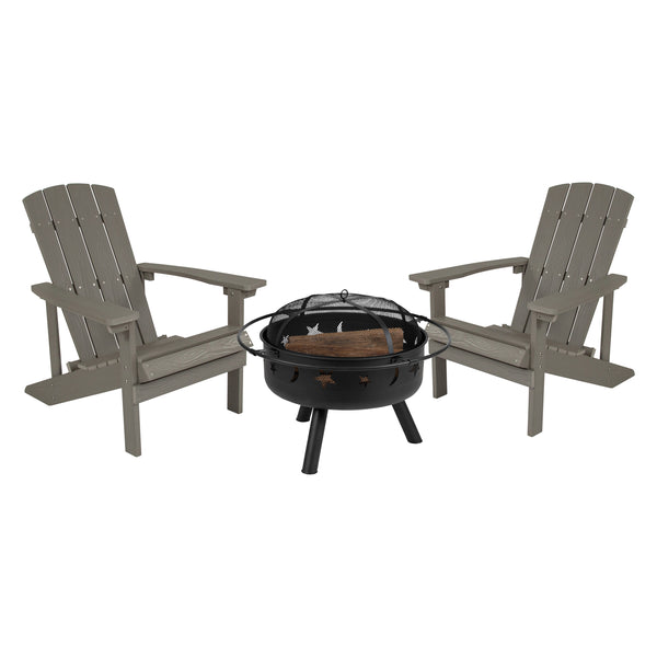 Light Gray |#| Star and Moon Fire Pit with Mesh Cover & 2 Lt. Gray Poly Resin Adirondack Chairs