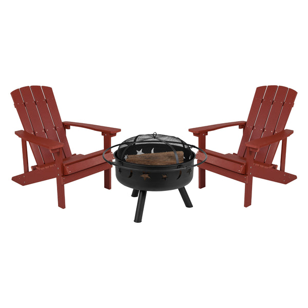 Red |#| Star and Moon Fire Pit with Mesh Cover & 2 Red Poly Resin Adirondack Chairs