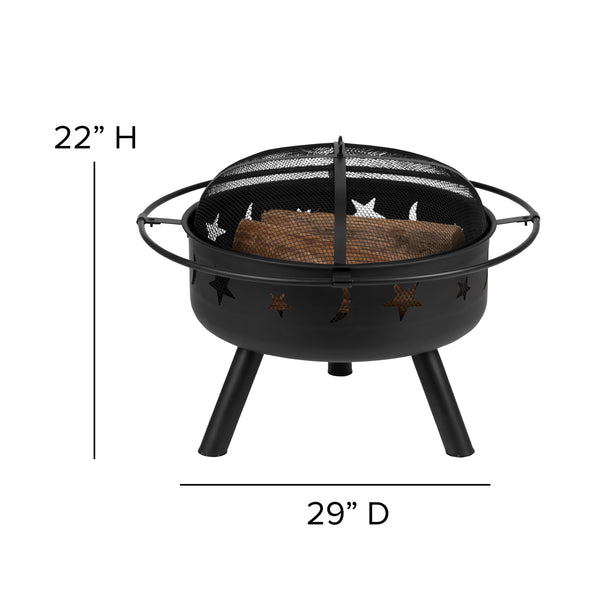Slate Gray |#| Star & Moon Fire Pit with Mesh Cover & 2 Slate Gray Poly Resin Adirondack Chairs