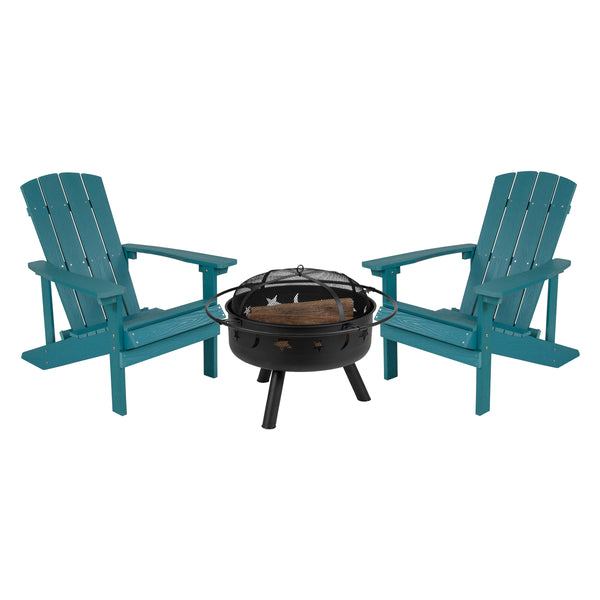 Sea Foam |#| Star and Moon Fire Pit with Mesh Cover & 2 Sea Foam Poly Resin Adirondack Chairs
