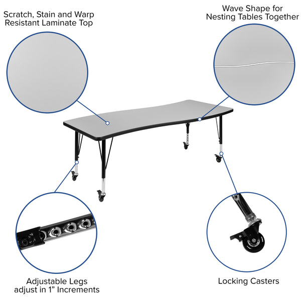 Grey |#| 3PC Mobile 86inch Oval Wave Flexible Grey Kids Adjustable Activity Table Set
