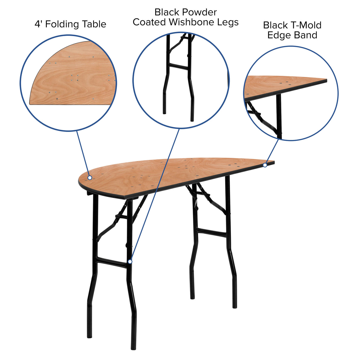 4-Foot Half-Round Wood Folding Banquet Table - Event & Catering Table