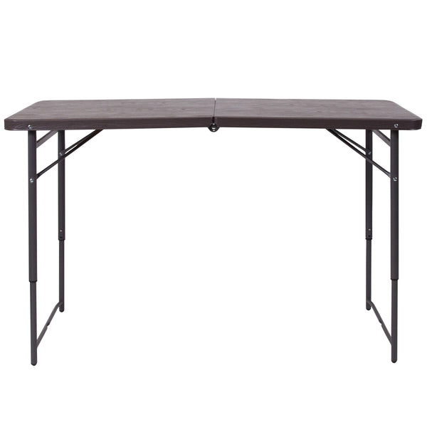 Brown |#| 4-Foot Height Adjustable Bi-Fold Brown Plastic Folding Table with Handle