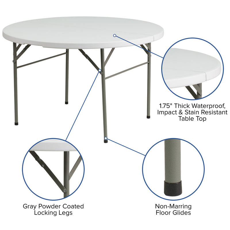 4-Foot Round Bi-Fold Granite White Plastic Event Folding Table with Handle
