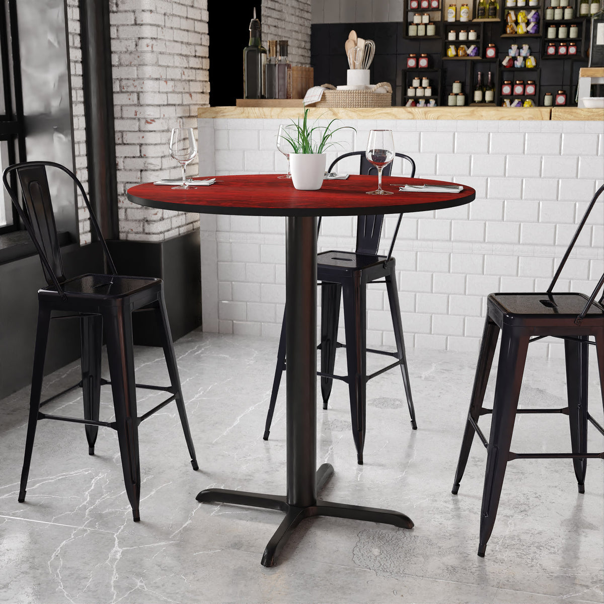 Mahogany |#| 42inch Round Mahogany Laminate Table Top with 33inch x 33inch Bar Height Table Base