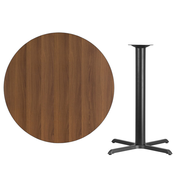 Walnut |#| 42inch Round Walnut Laminate Table Top with 33inch x 33inch Bar Height Table Base