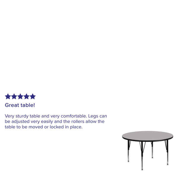 Gray |#| 42inch Round Grey Thermal Laminate Activity Table - Height Adjustable Short Legs