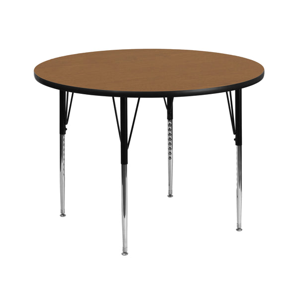 Oak |#| 42inch Round Oak Thermal Laminate Activity Table - Standard Height Adjustable Legs