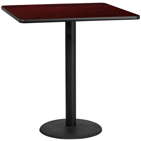 Mahogany |#| 42inch Square Mahogany Laminate Table Top with 24inch Round Bar Height Table Base