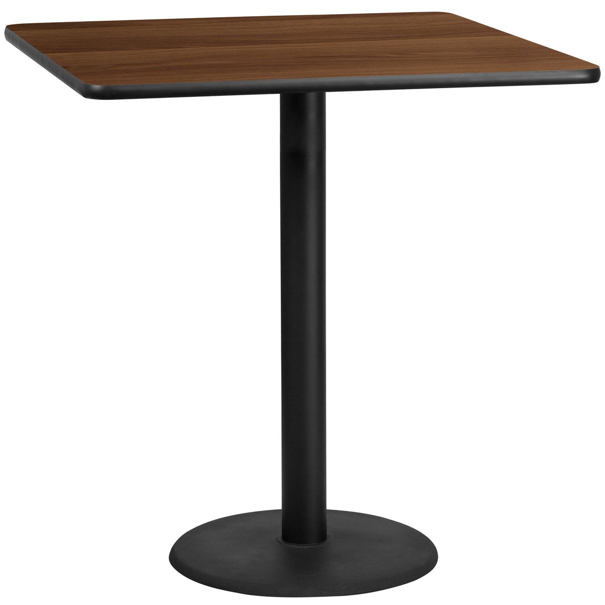 Walnut |#| 42inch Square Walnut Laminate Table Top with 24inch Round Bar Height Table Base