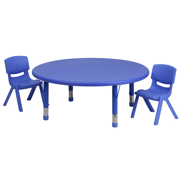 Blue |#| 45inch Round Blue Plastic Height Adjustable Activity Table Set with 2 Chairs