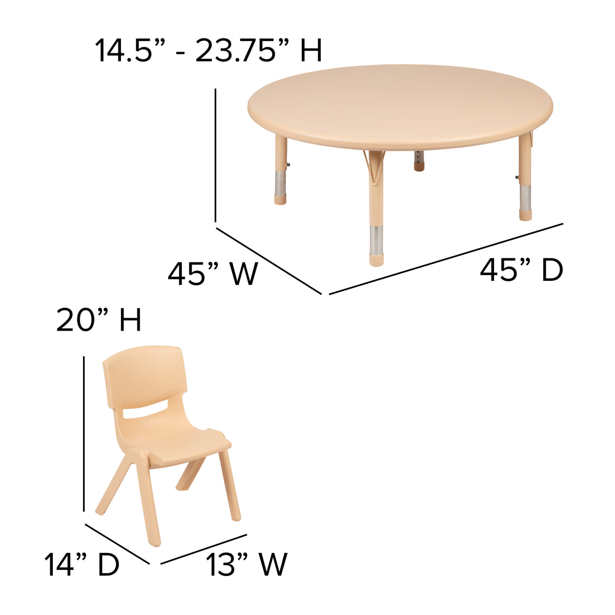 Natural |#| 45inch Round Natural Plastic Height Adjustable Activity Table Set with 2 Chairs