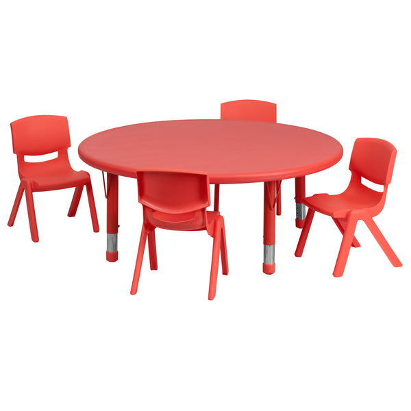Red |#| 45inch Round Red Plastic Height Adjustable Activity Table Set with 4 Chairs