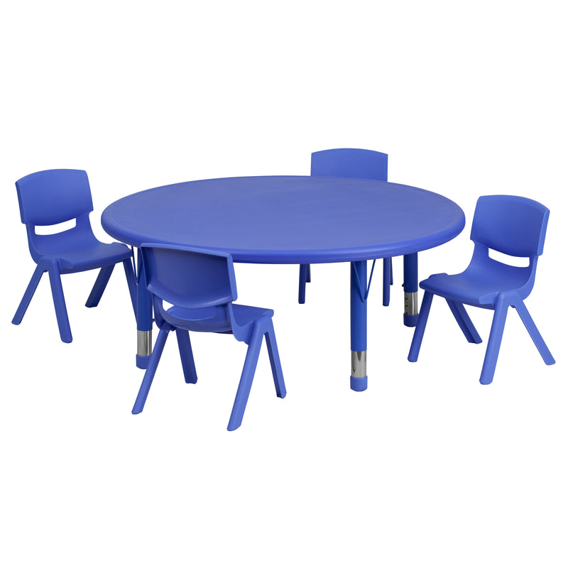 Blue |#| 45inch Round Blue Plastic Height Adjustable Activity Table Set with 4 Chairs