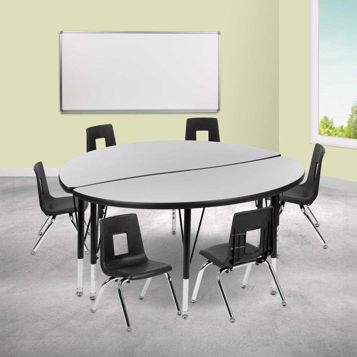 Grey |#| 47.5inch Circle Wave Activity Table Set with 14inch Student Stack Chairs, Grey/Black