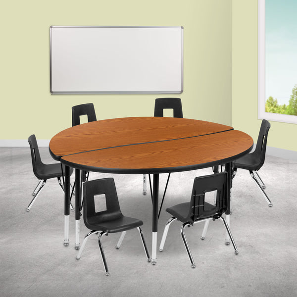 Oak |#| 47.5inch Circle Wave Activity Table Set with 14inch Student Stack Chairs, Oak/Black