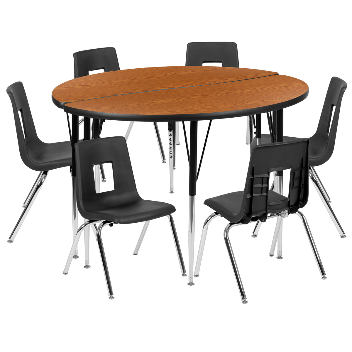 Oak |#| 47.5inch Circle Wave Activity Table Set with 16inch Student Stack Chairs, Oak/Black