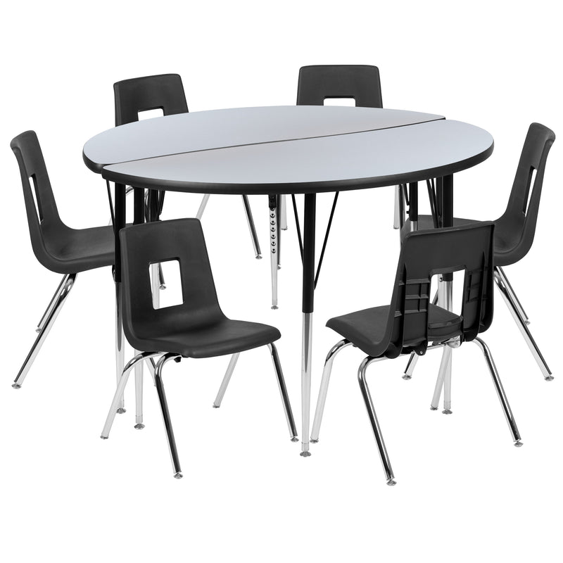 Grey |#| 47.5inch Circle Wave Activity Table Set with 16inch Student Stack Chairs, Grey/Black