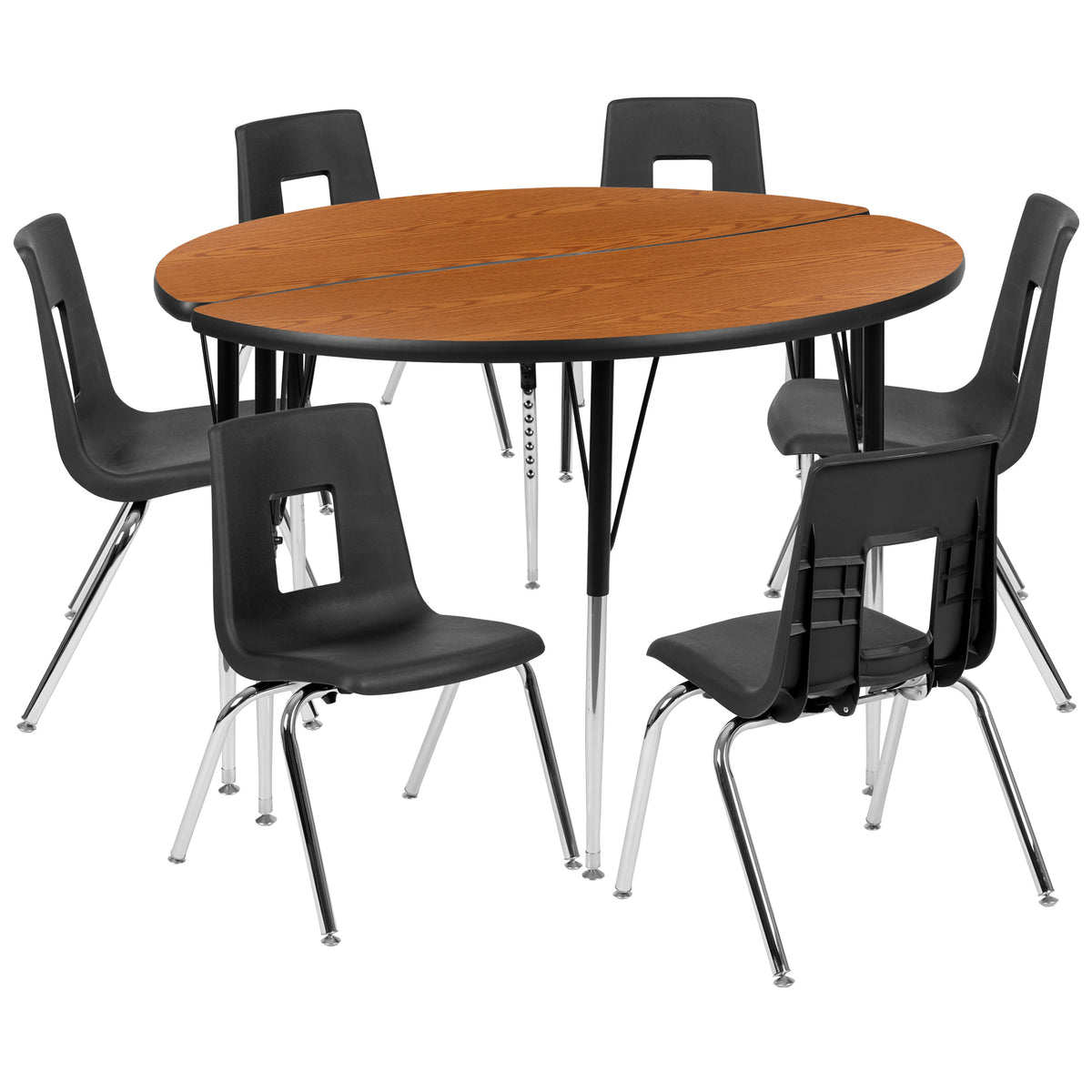 Oak |#| 47.5inch Circle Wave Activity Table Set with 18inch Student Stack Chairs, Oak/Black