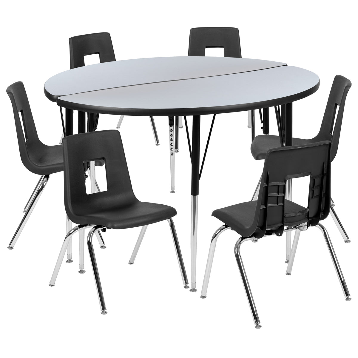 Grey |#| 47.5inch Circle Wave Activity Table Set with 18inch Student Stack Chairs, Grey/Black