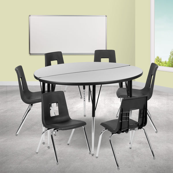 Grey |#| 47.5inch Circle Wave Activity Table Set with 18inch Student Stack Chairs, Grey/Black