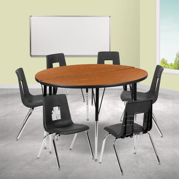 Oak |#| 47.5inch Circle Wave Activity Table Set with 18inch Student Stack Chairs, Oak/Black