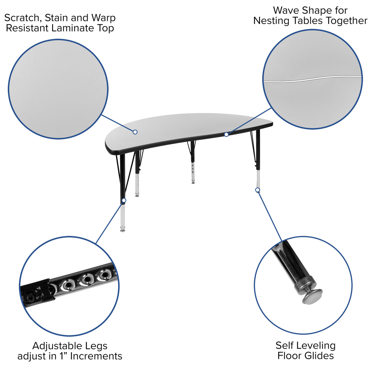 Grey |#| 47.5inch Half Circle Wave Collaborative Grey Kids Adjustable Height Activity Table