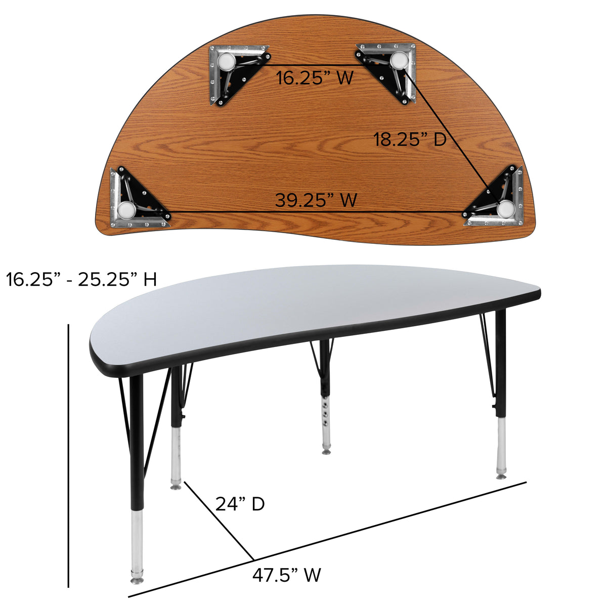 Grey |#| 47.5inch Half Circle Wave Collaborative Grey Kids Adjustable Height Activity Table