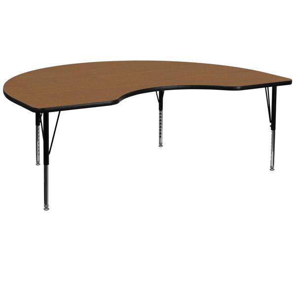 Oak |#| 48inchW x 72inchL Kidney Oak Thermal Laminate Activity Table - Height Adjustable Legs