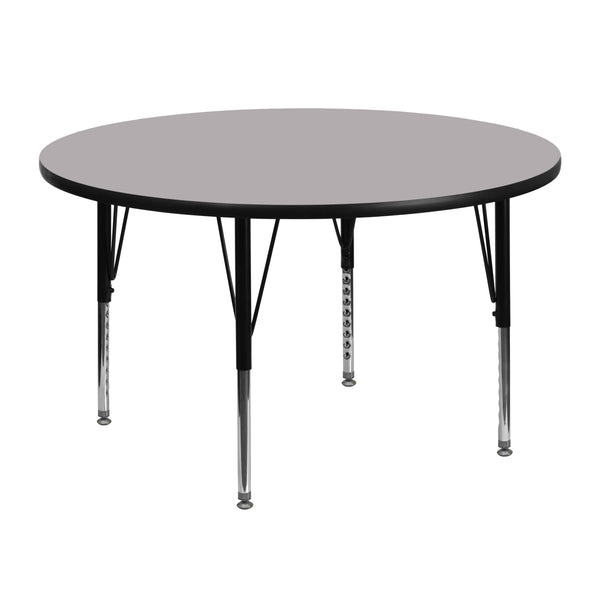 Gray |#| 48inch Round Grey Thermal Laminate Activity Table - Height Adjustable Short Legs