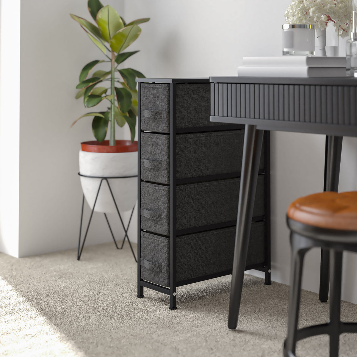 Gray Drawers/Black Frame |#| 4 Drawer Vertical Slim Storage Dresser-Black Wood Top & Gray Fabric Pull Drawers