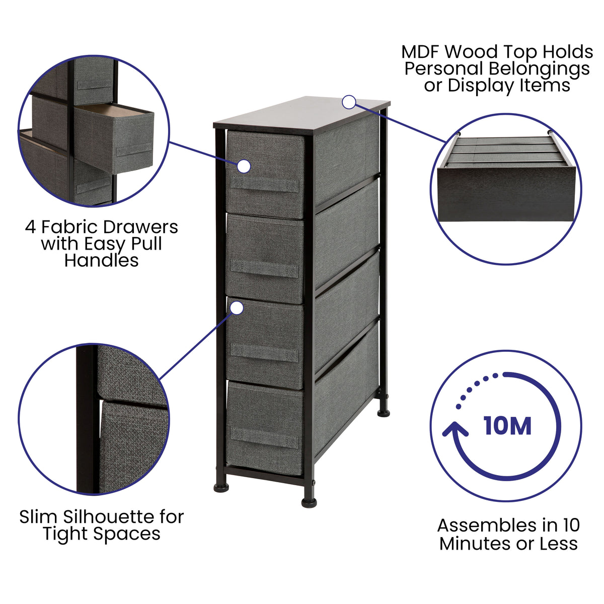 Gray Drawers/Black Frame |#| 4 Drawer Vertical Slim Storage Dresser-Black Wood Top & Gray Fabric Pull Drawers