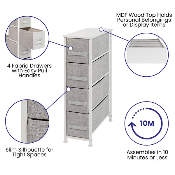 Gray Drawers/White Frame |#| 4 Drawer Vertical Slim Storage Dresser-White Wood Top & Gray Fabric Pull Drawers