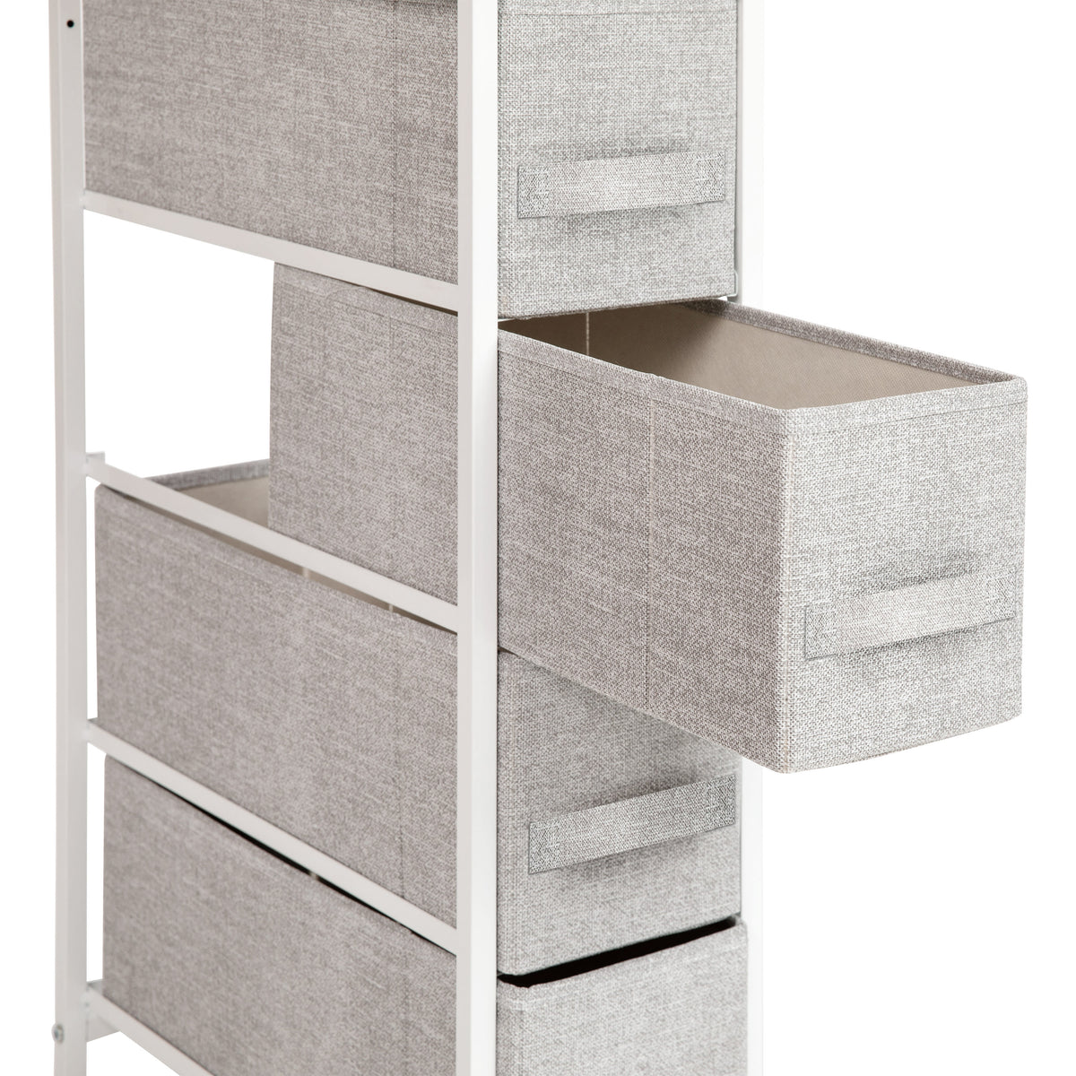 Gray Drawers/White Frame |#| 4 Drawer Vertical Slim Storage Dresser-White Wood Top & Gray Fabric Pull Drawers