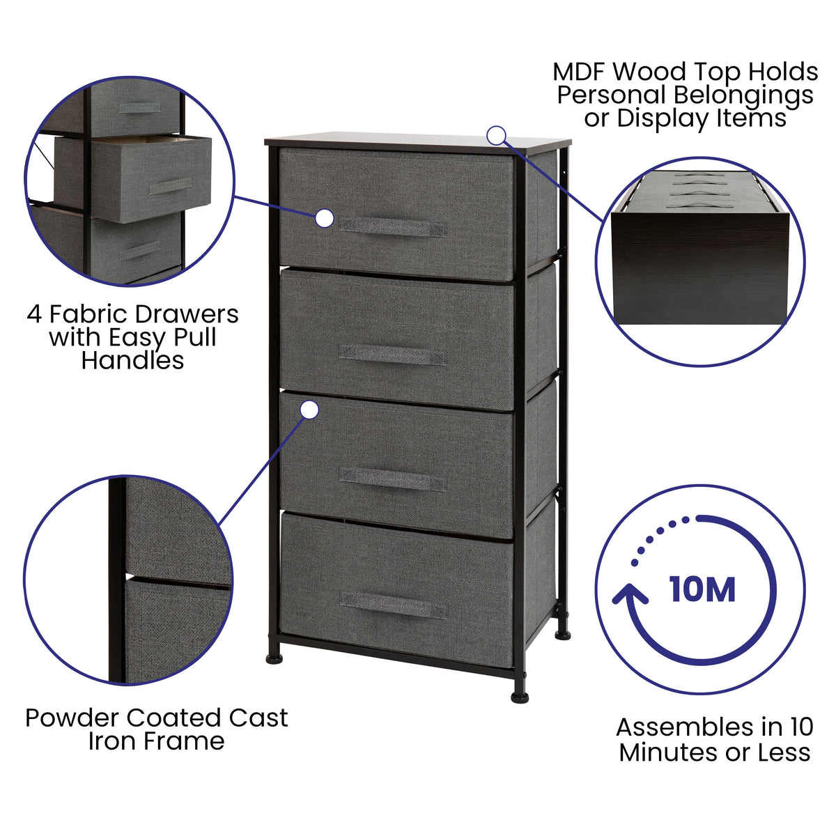 Gray Drawers/Black Frame |#| 4 Drawer Vertical Storage Dresser with Black Wood Top & Gray Fabric Pull Drawers