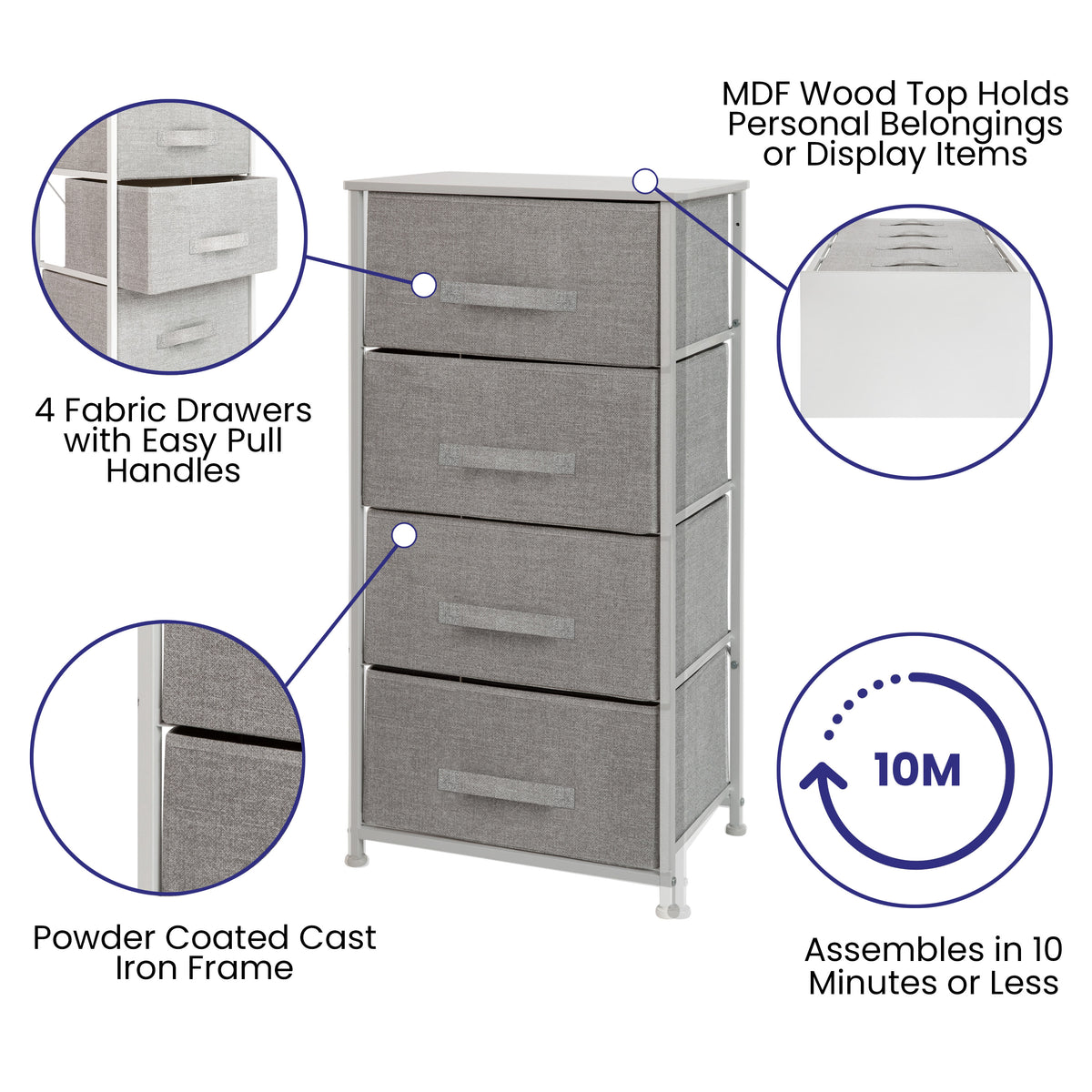 Gray Drawers/White Frame |#| 4 Drawer Vertical Storage Dresser with White Wood Top & Gray Fabric Pull Drawers