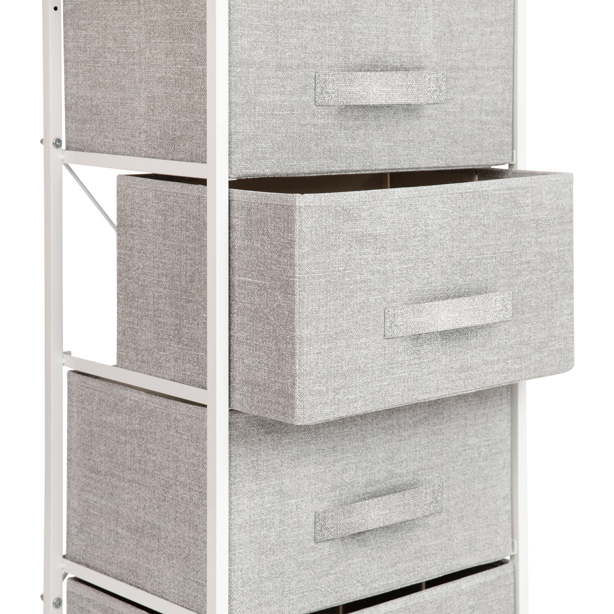 Gray Drawers/White Frame |#| 4 Drawer Vertical Storage Dresser with White Wood Top & Gray Fabric Pull Drawers