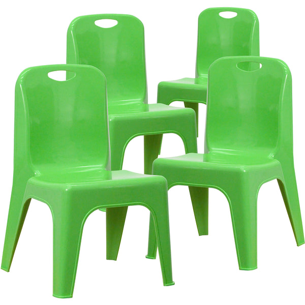 Green |#| 4 Pack Green Plastic Stack School Chair with Carrying Handle and 11inch Seat Height