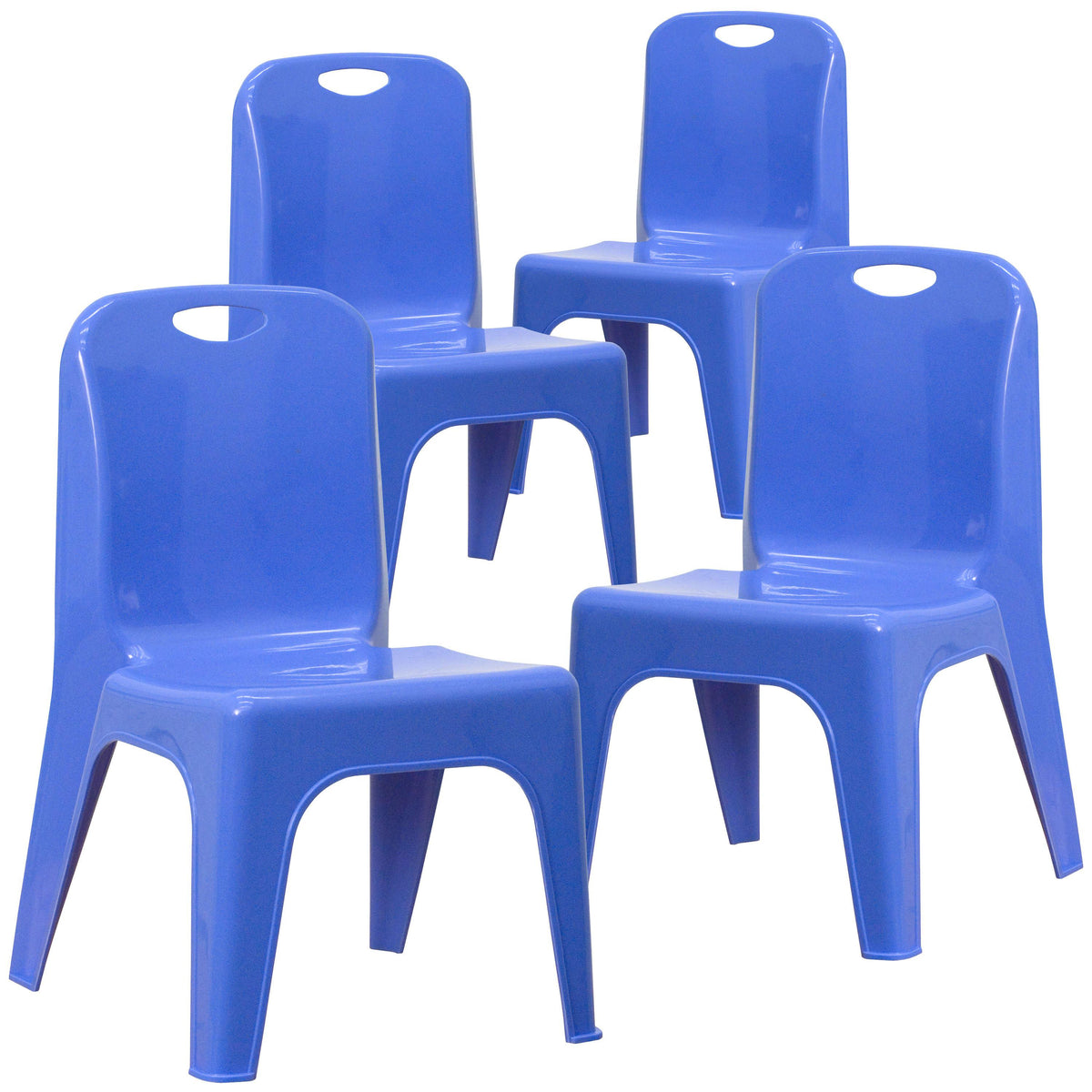 Blue |#| 4 Pack Blue Plastic Stack School Chair with Carrying Handle and 11inch Seat Height