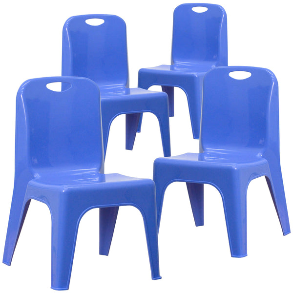 Blue |#| 4 Pack Blue Plastic Stack School Chair with Carrying Handle and 11inch Seat Height