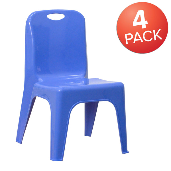 Blue |#| 4 Pack Blue Plastic Stack School Chair with Carrying Handle and 11inch Seat Height