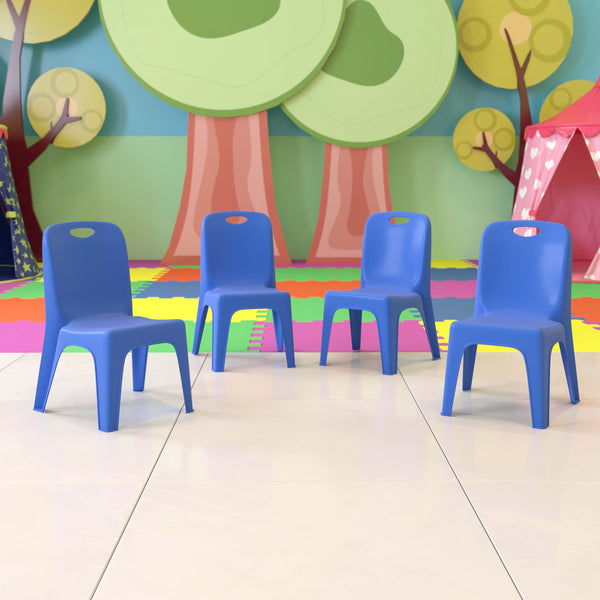 Blue |#| 4 Pack Blue Plastic Stack School Chair with Carrying Handle and 11inch Seat Height