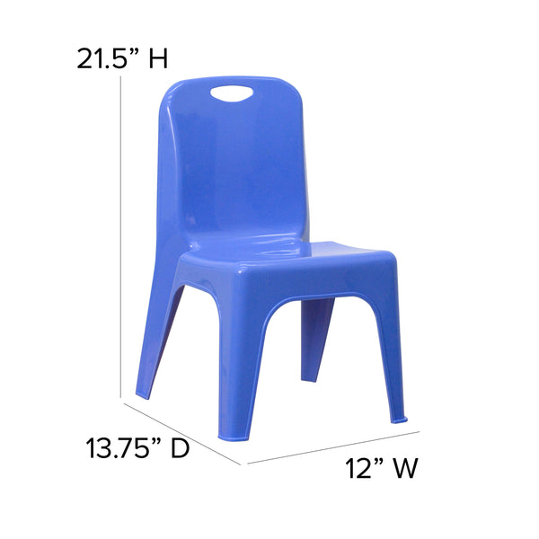Blue |#| 4 Pack Blue Plastic Stack School Chair with Carrying Handle and 11inch Seat Height