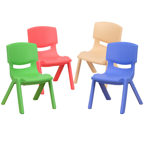 Assorted |#| 4 Pack Plastic Stackable Pre-K/School Chairs with 10.5inchH Seat, Assorted Colors