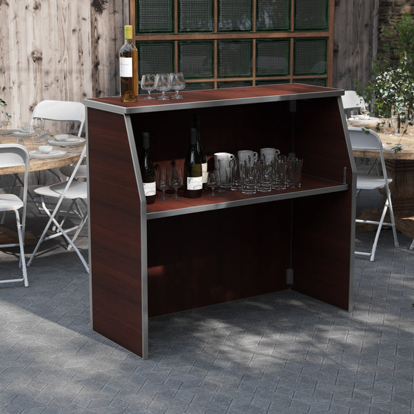 Walnut Woodgrain |#| 4' Walnut Laminate Foldable Portable Event Bar - Catering/Bartender Bar