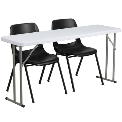 5-Foot Plastic Folding Training Table Set with 2 Black Plastic Stack Chairs - View 1
