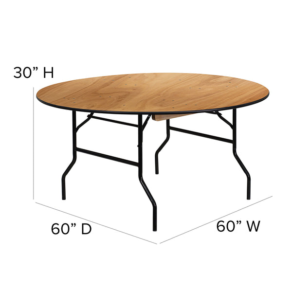 5-Foot Round Wood Folding Banquet Table with Clear Coated Finished Top